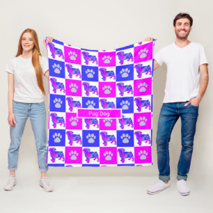 Mops Silhouette Dog & Paw Print Hot Pink und Blue Fleecedecke