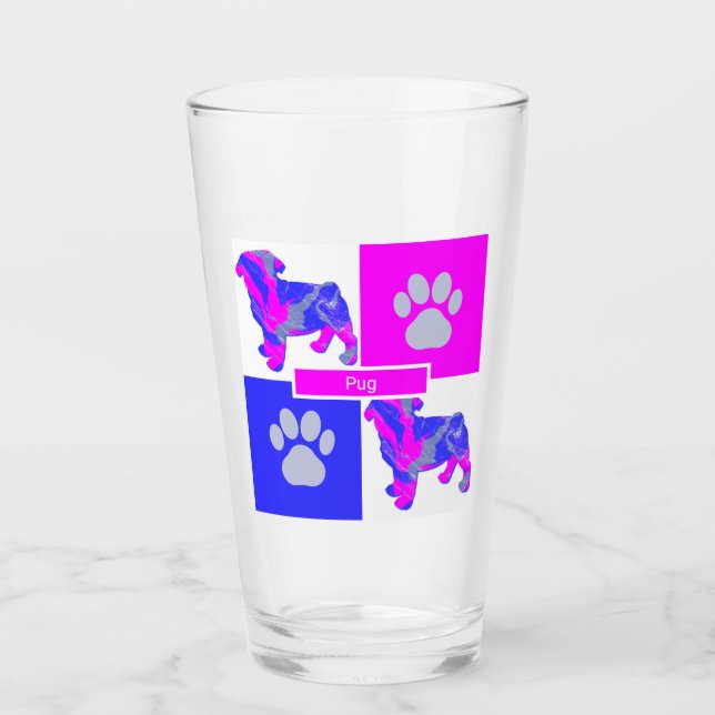 Mops Silhouette Hund & Paw Pink und Blue Square Glas (Vorderseite)