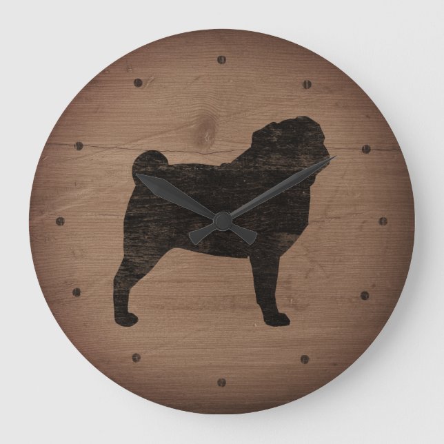 Mops Silhouette Rustikaler Stil Große Wanduhr (Vorderseite)