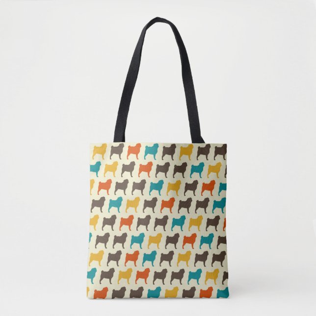 Mops-Silhouetten | Retro Colors Dog Breed Pattern Tasche (Vorderseite)