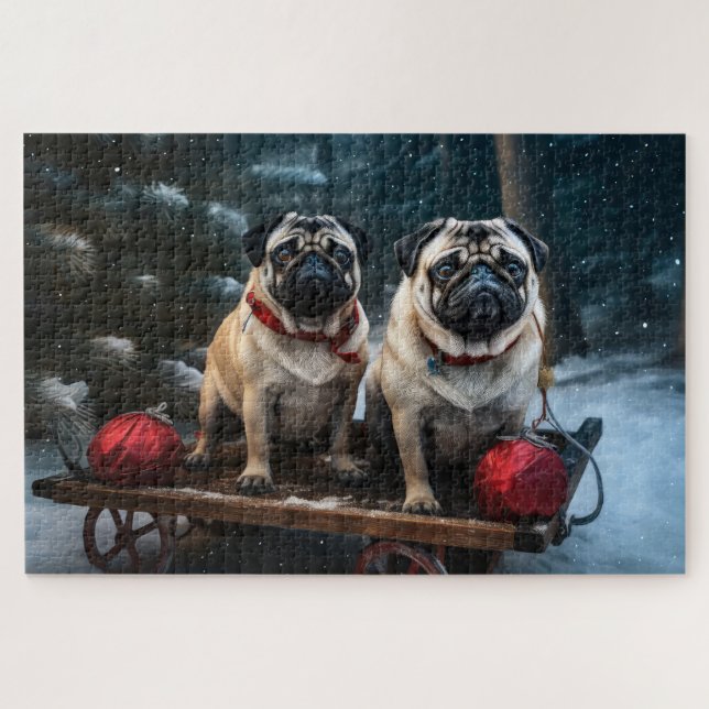Mops Snowy Sleigh Weihnachtsdekor (Horizontal)