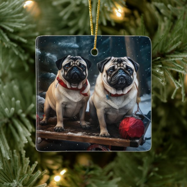 Mops Snowy Sleigh Weihnachtsdekor Keramikornament (Baum)