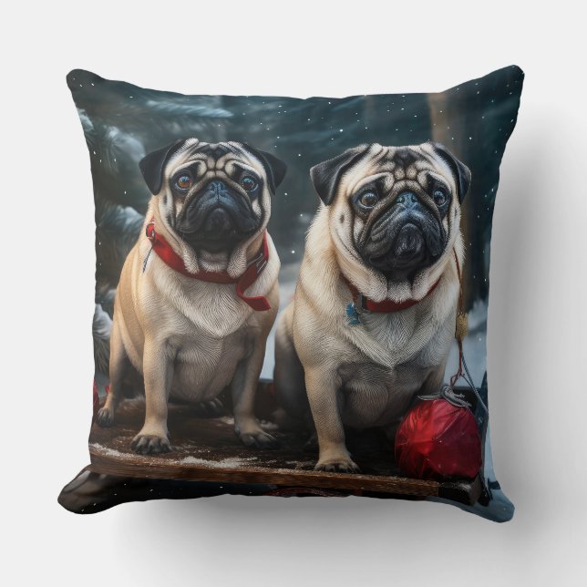 Mops Snowy Sleigh Weihnachtsdekor Kissen (Vorderseite)