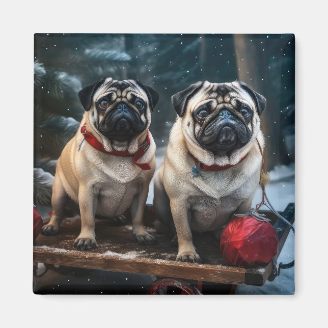 Mops Snowy Sleigh Weihnachtsdekor Magnet (Vorne)
