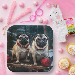 Mops Snowy Sleigh Weihnachtsdekor Pappteller