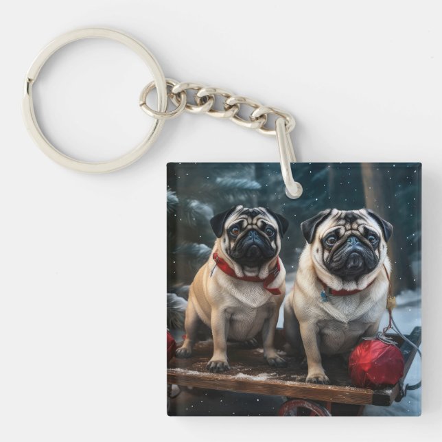 Mops Snowy Sleigh Weihnachtsdekor Schlüsselanhänger (Vorderseite)