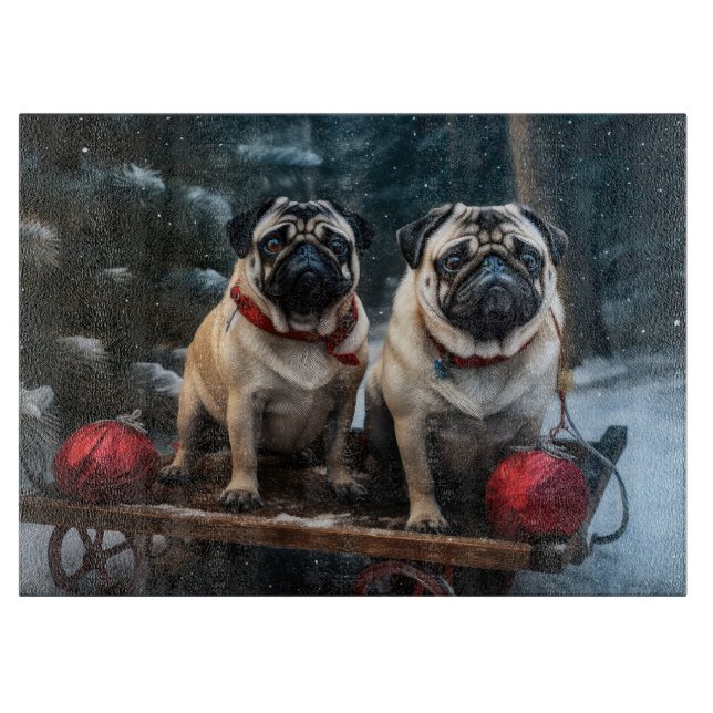 Mops Snowy Sleigh Weihnachtsdekor Schneidebrett (Vorderseite)