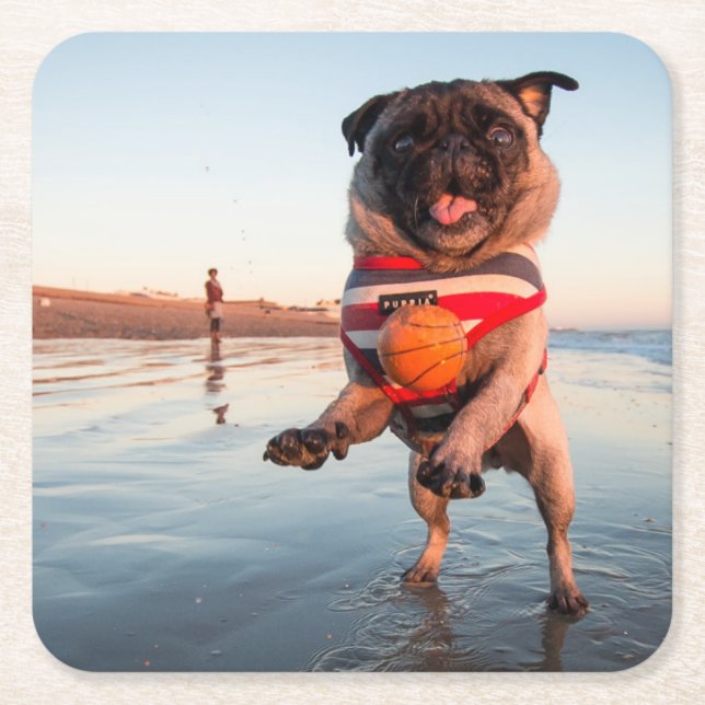 Mops spielen am Strand Rechteckiger Pappuntersetzer (Vorderseite)