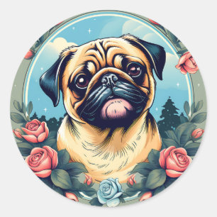 Mops spielerisches Hundportrait mit Blume Runder Aufkleber