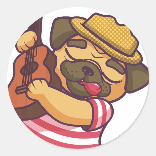 Mops spielt Gitarre Runder Aufkleber (Vorderseite)