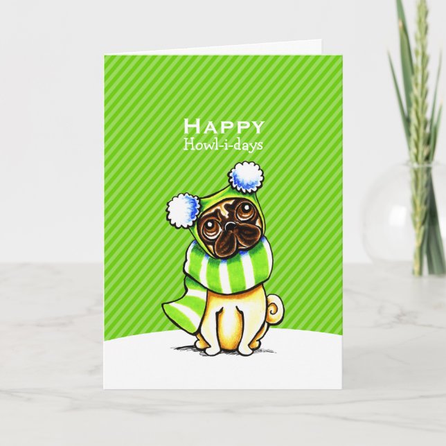 Mops Strickskarf Weihnachtsgrün Feiertagskarte (Vorderseite)