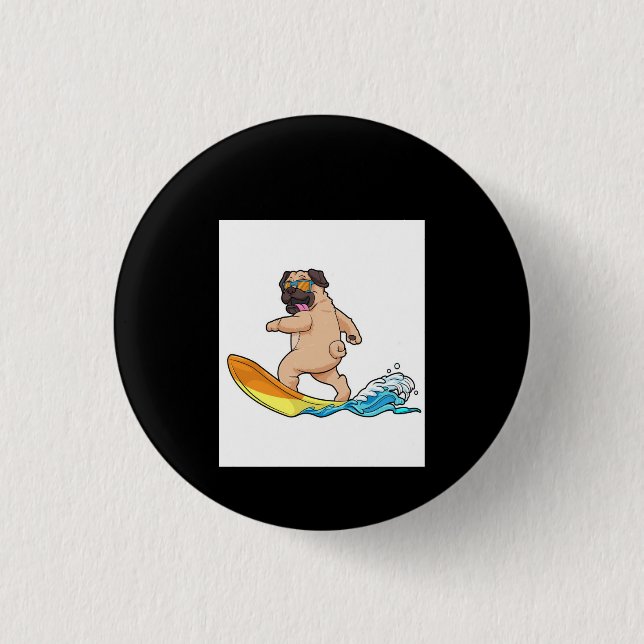 Mops Surfbrett Mops mit Brille tragen Button (Vorderseite)