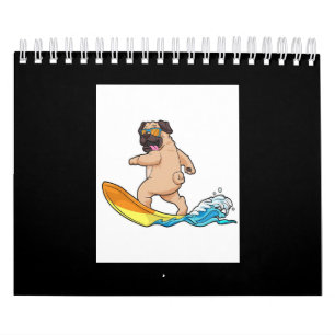 Mops Surfbrett Mops mit Brille tragen Kalender