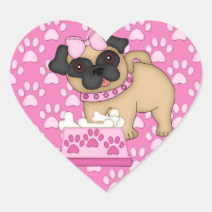 Mops Süssen Rosa Streifen und Paare Herz-Aufkleber