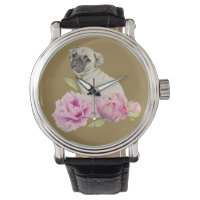 Mops und Peonies | Aquarellbilder
