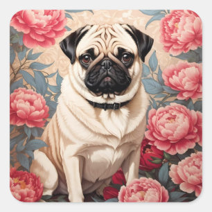 Mops und Pfingstrosen William Morris Inspiriert Quadratischer Aufkleber