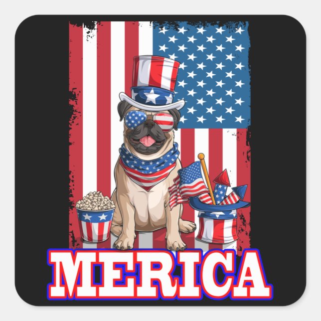 Mops Vater Mama 4. Juli Amerikanische Flagge Meric Quadratischer Aufkleber (Vorderseite)