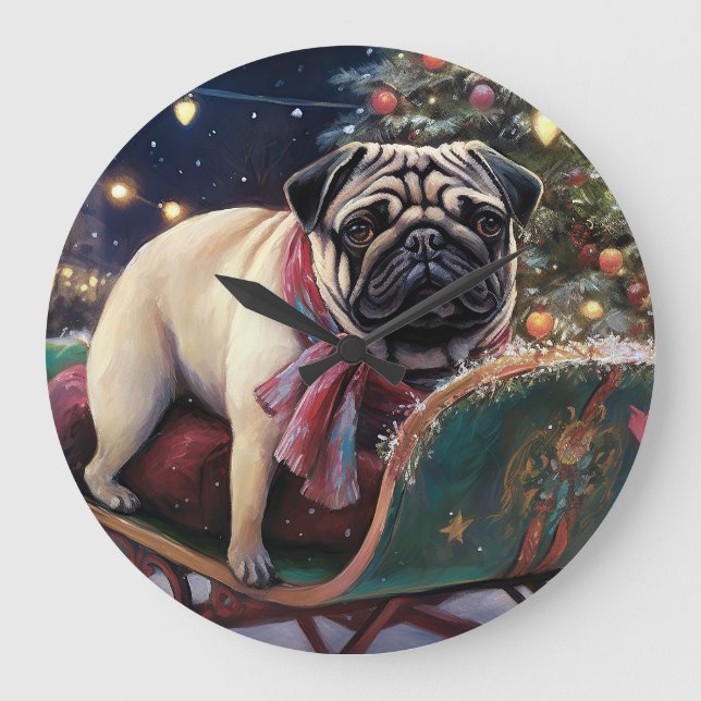 Mops Weihnachts-Feiertage Große Wanduhr (Vorderseite)