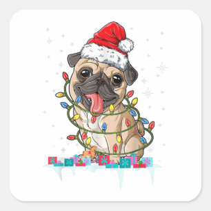 Mops-Weihnachtsbaum-Lichter Weihnachtsmann-Hund-We Quadratischer Aufkleber