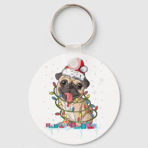 Mops-Weihnachtsbaum-Lichter Weihnachtsmann-Hund-We Schlüsselanhänger