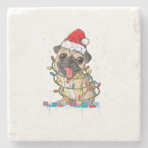 Mops-Weihnachtsbaum-Lichter Weihnachtsmann-Hund-We Steinuntersetzer