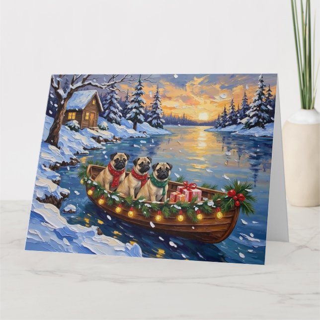 Mops-Weihnachtsboot-Feiertag Karte (Vorderseite)