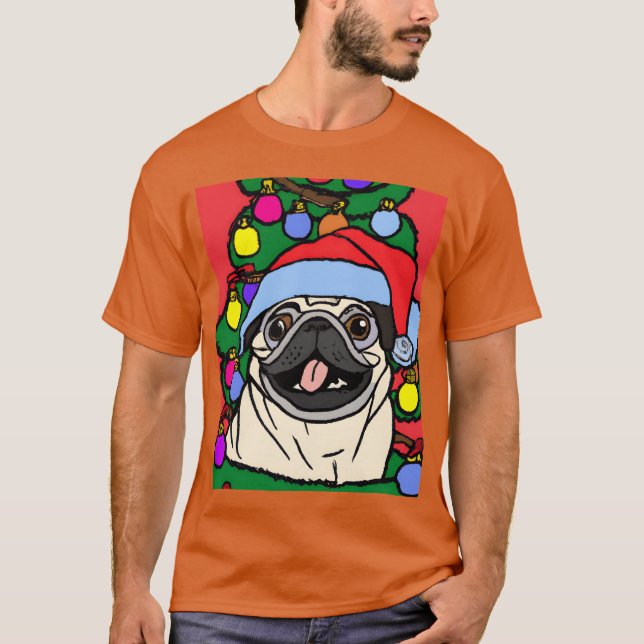 Mops Weihnachtsfeiertag Mops mit Weihnachtshut und T-Shirt (Vorderseite)