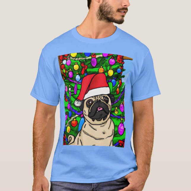 Mops Weihnachtsfeiertag Mops mit Weihnachtsmütze u T-Shirt (Vorderseite)