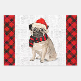 Mops Weihnachtshund auf Rot und Schwarz Kariert Wr Geschenkpapier Set