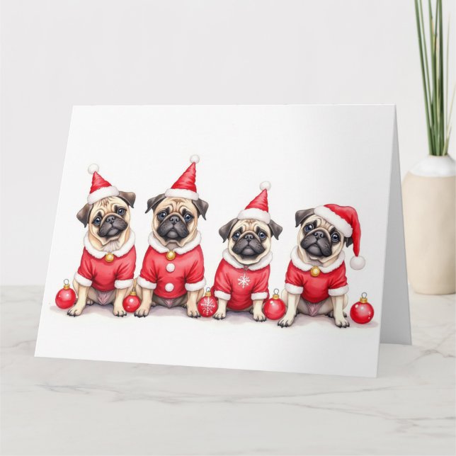 Mops-Weihnachtskleid mit Santa-Hut Karte (Vorderseite)