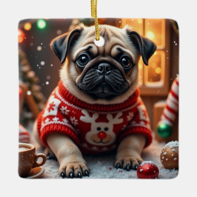 Mops-Weihnachtskunst Keramikornament (Vorderseite)