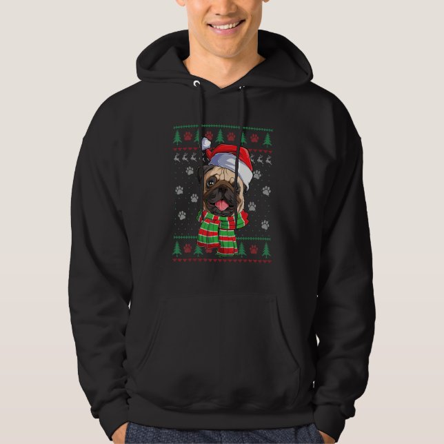 Mops Weihnachtslicht Weihnachtsmannmütze Hund Ugly Hoodie (Vorderseite)