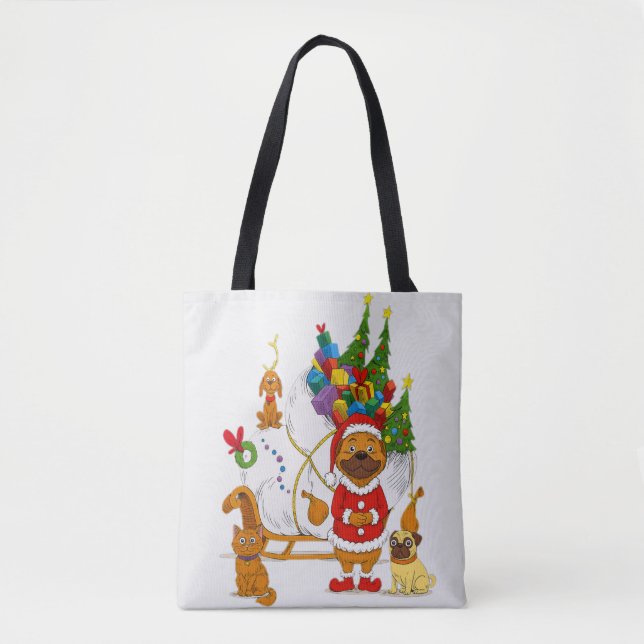Mops Weihnachtsmann Schlitten Tasche (Vorderseite)