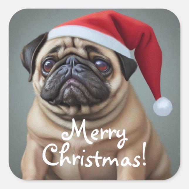 Mops Weihnachtsmannmütze Quadratischer Aufkleber (Vorderseite)