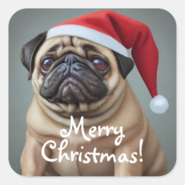 Mops Weihnachtsmannmütze Quadratischer Aufkleber