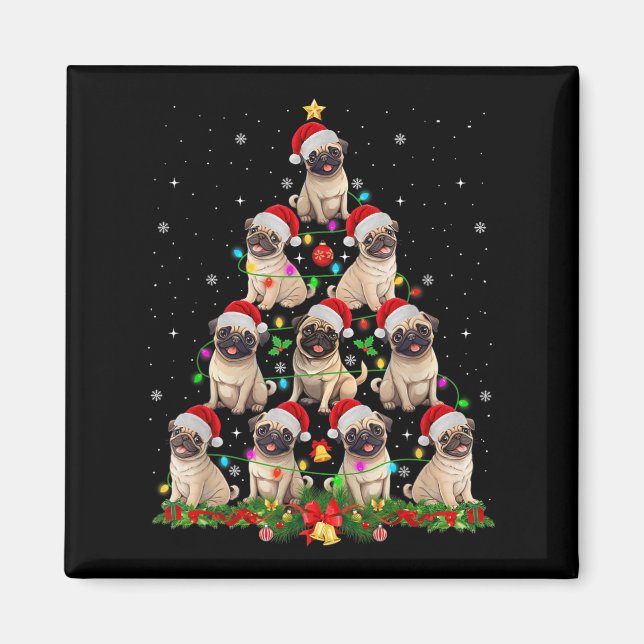 Mops Weihnachtsmannmütze Weihnachtsbaum Lichter We Magnet (Vorne)