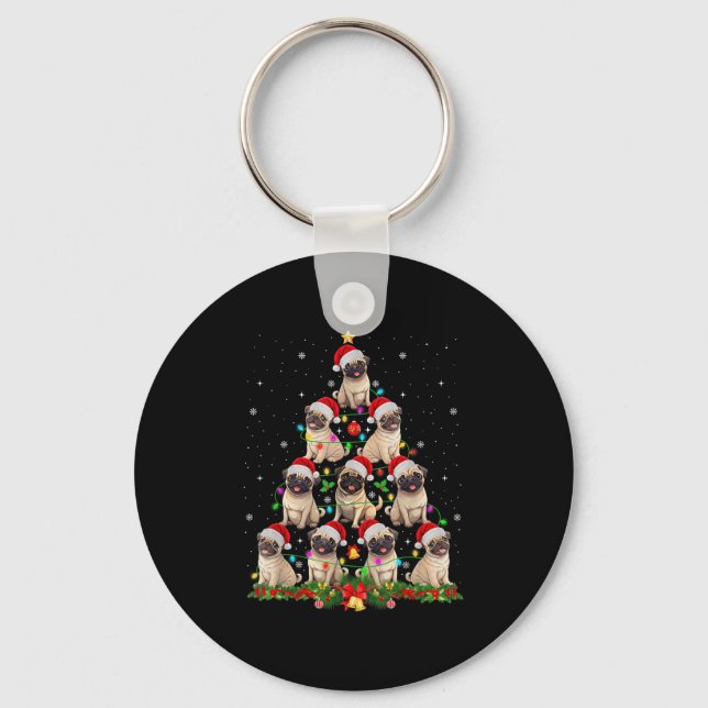 Mops Weihnachtsmannmütze Weihnachtsbaum Lichter We Schlüsselanhänger (Vorderseite)