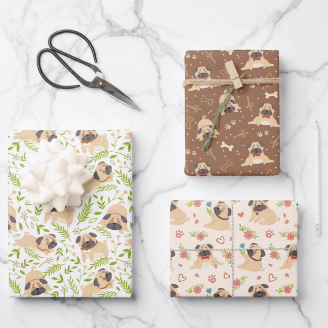 Mops Welpe Dog Wrapping Paper Set 3 Geschenkpapier Set (Vorderseite)