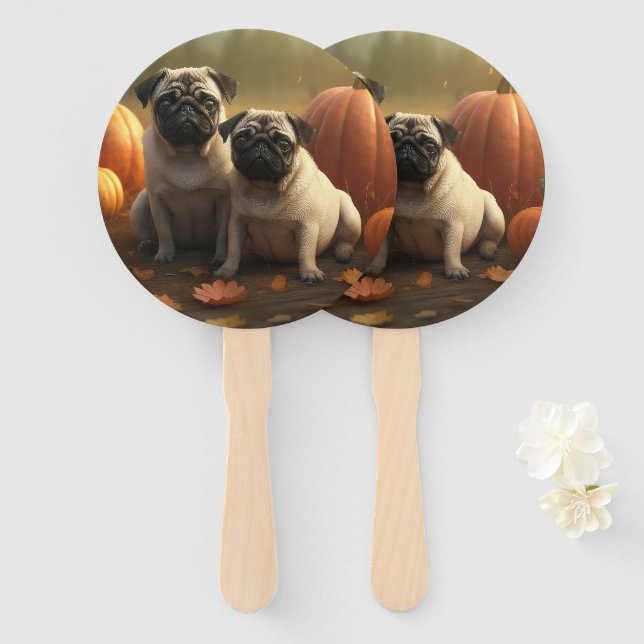 Mops Welpe Herbst Kürbis Fächer (Vorne und Hinten)