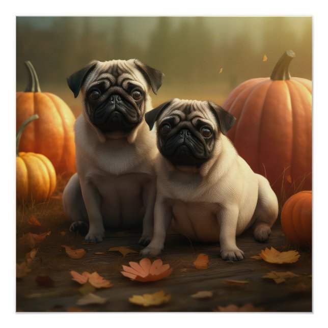 Mops Welpe Herbst Kürbis Poster (Vorderseite)
