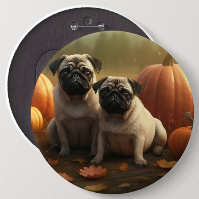 Mops Welpe Herbstfreude Kürbis Button (Vorne & Hinten)