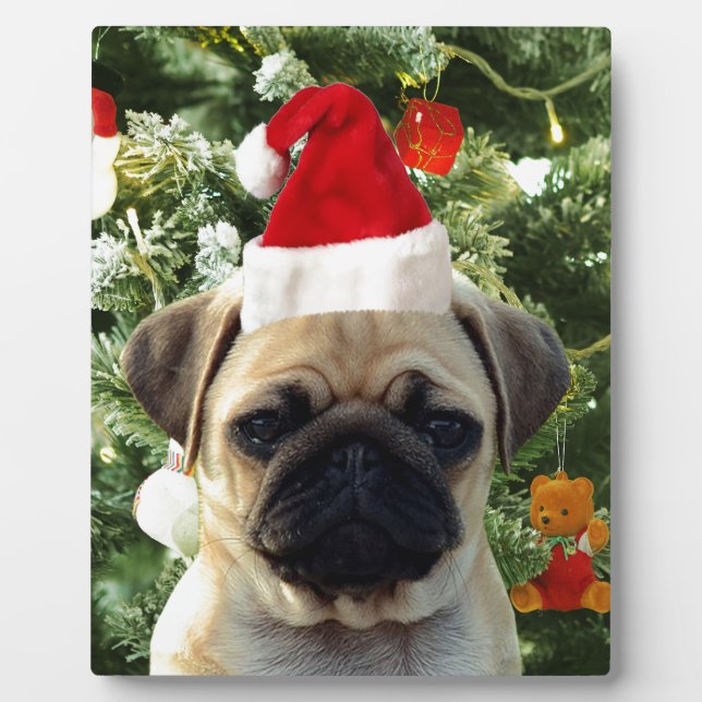 Mops Welpe Hund Weihnachtsbaum Ornamente Schneeman Fotoplatte (Vorderseite)