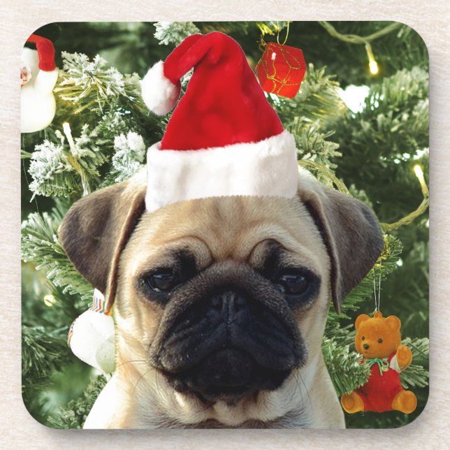 Mops Welpe Hund Weihnachtsbaum Ornamente Schneeman Getränkeuntersetzer (Vorderseite)
