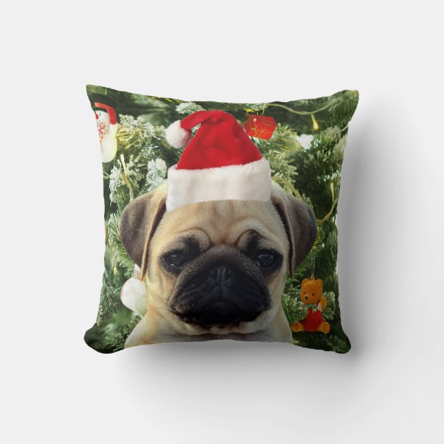 Mops Welpe Hund Weihnachtsbaum Ornamente Schneeman Kissen (Vorderseite)