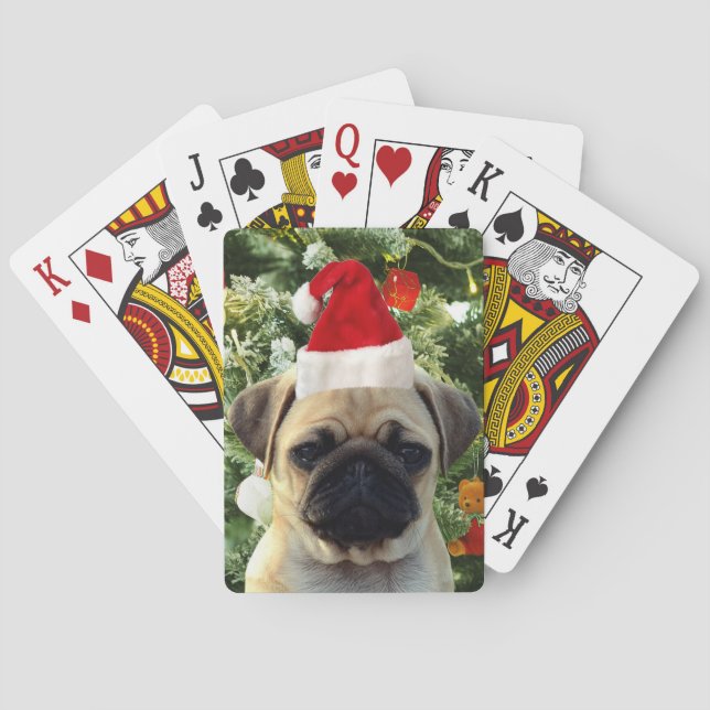 Mops Welpe Hund Weihnachtsbaum Ornamente Schneeman Spielkarten (Rückseite)