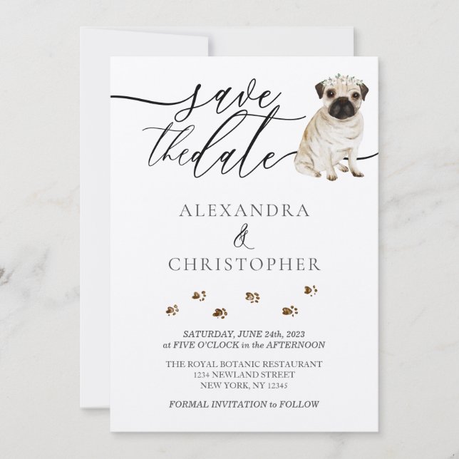 Mops Welpe Wedding Calligraphy script Save The Date (Vorderseite)