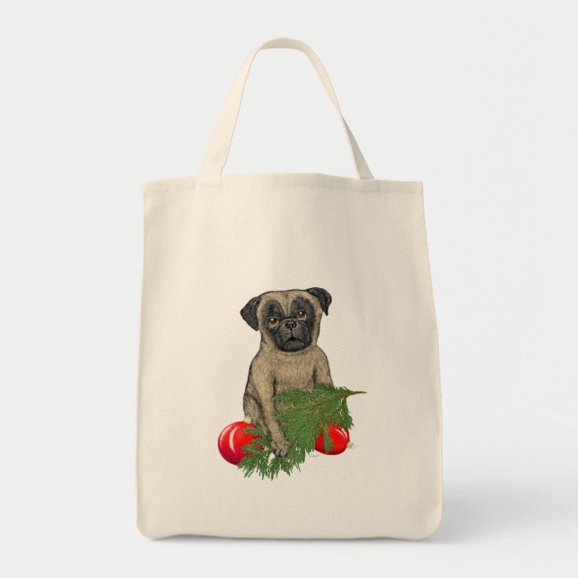 Mops Welpen Adorable Christmas Dog Art Tragetasche (Vorne)
