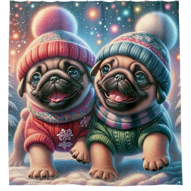 "Mops Welpen's First Snowfall - Whimsical Winter" Duschvorhang (Vorderseite)