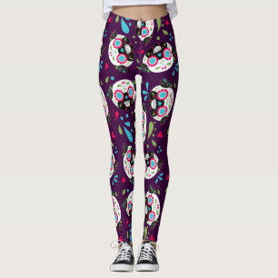 Mops-Zuckerschädel-Muster auf tiefpurpurnem Leggings