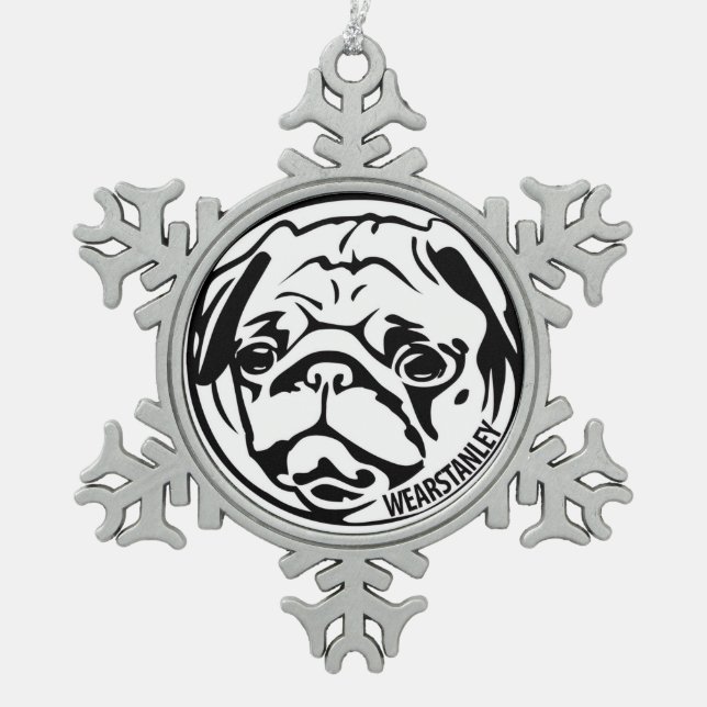 Mopsschneeflockeverzierung Schneeflocken Zinn-Ornament (Vorderseite)
